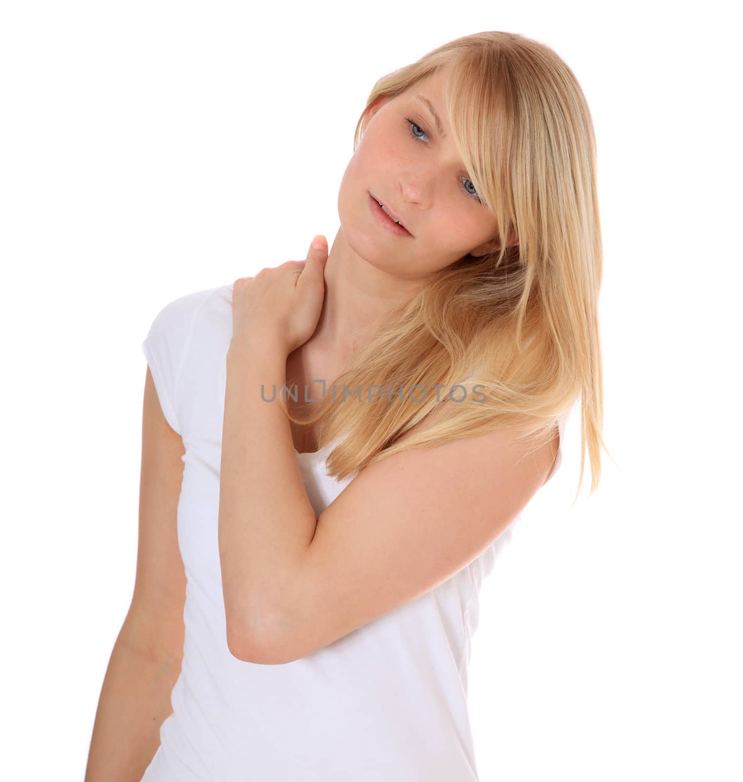 Attractive young woman suffering from neck pain. All on white background.