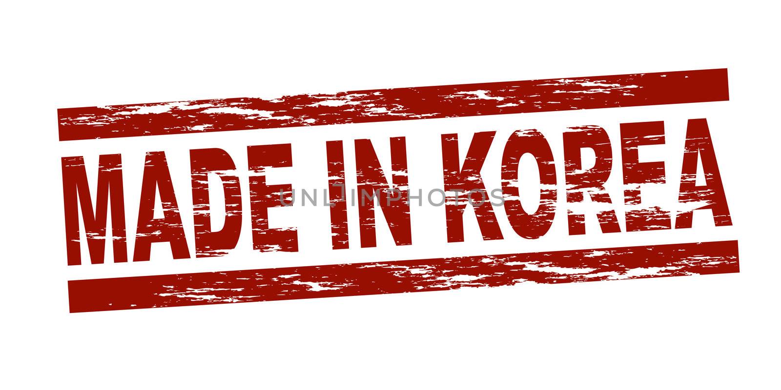 Stylized red stamp showing the term made in korea. All on white background.