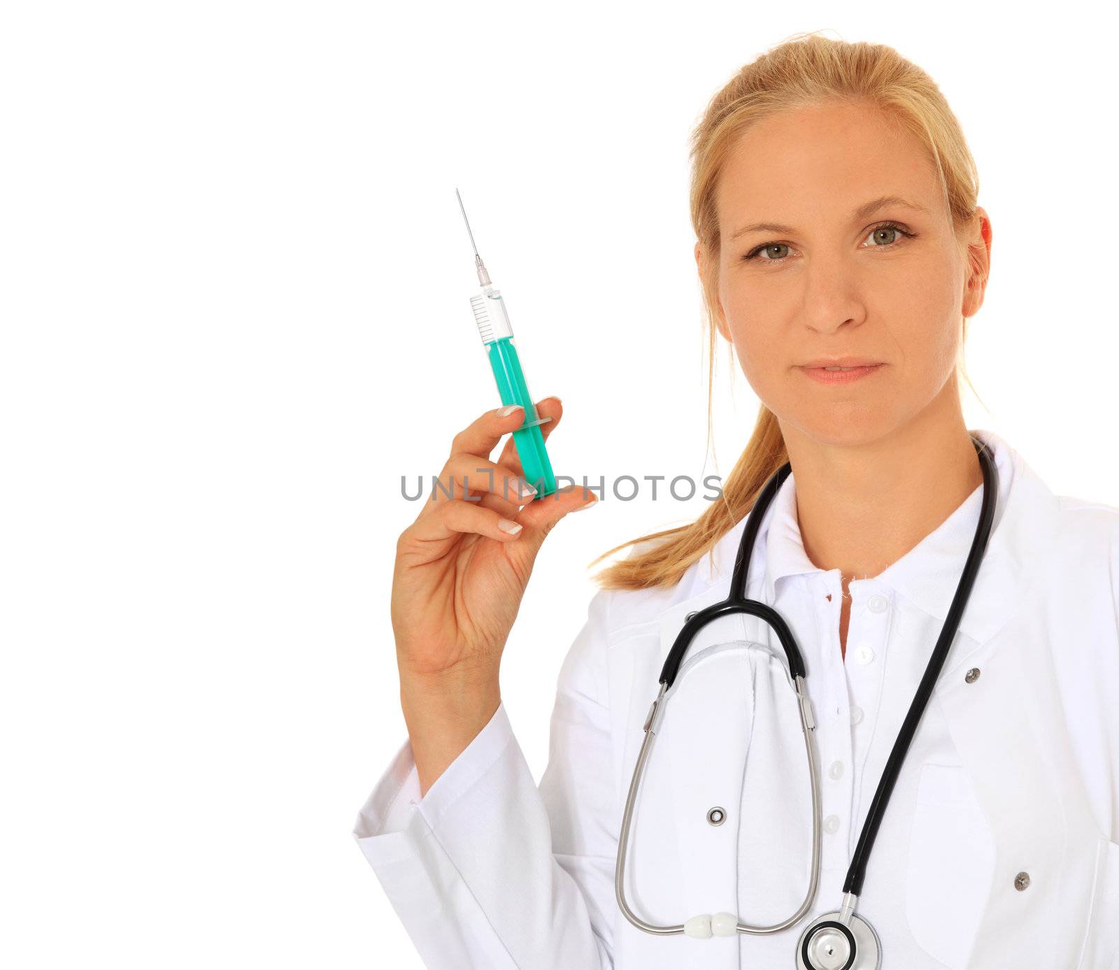 Doctor holding syringe. All on white background.