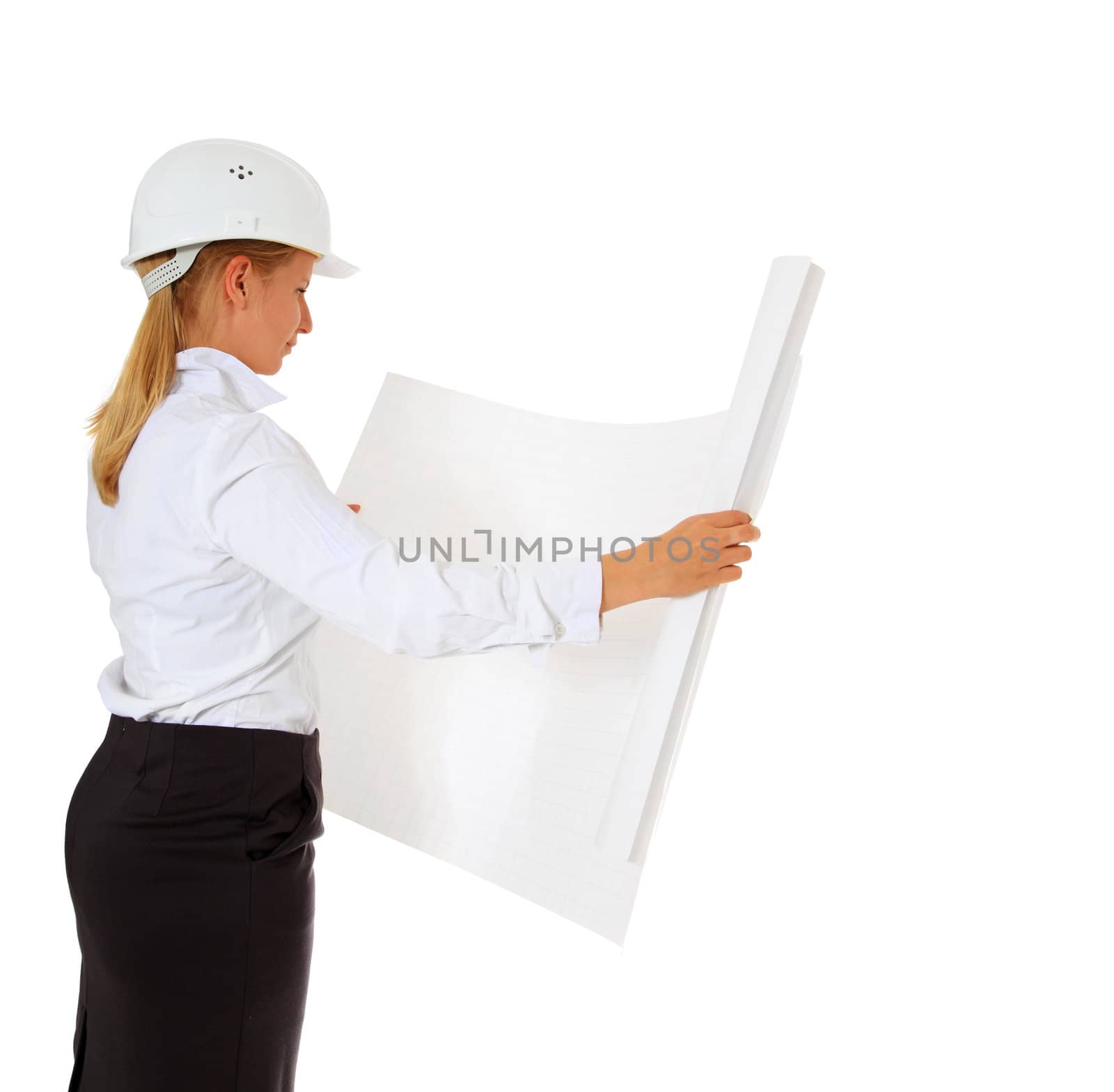 Female engineer studying construction plan. All on white background.