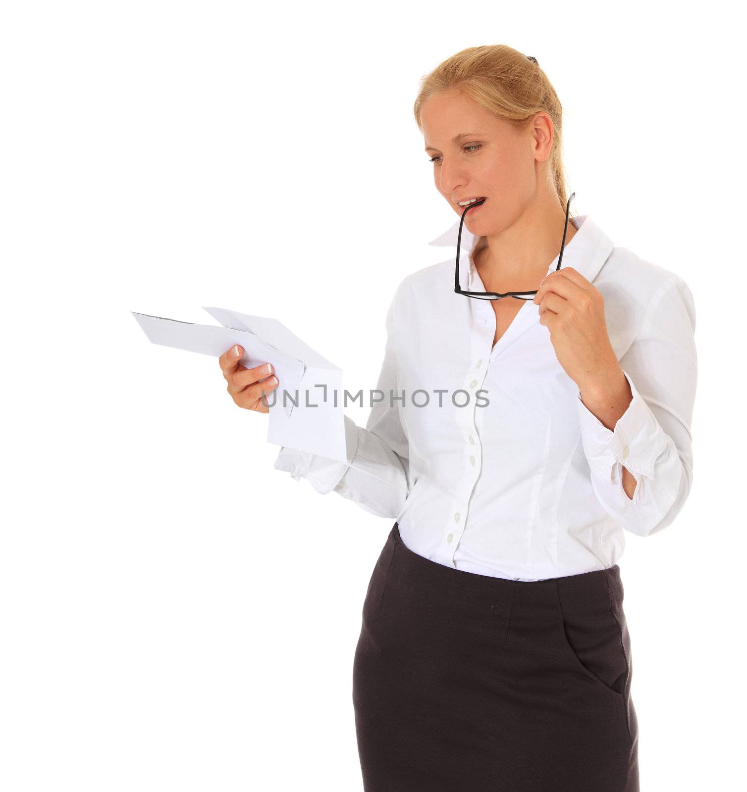 Employee reading letter. All on white background.