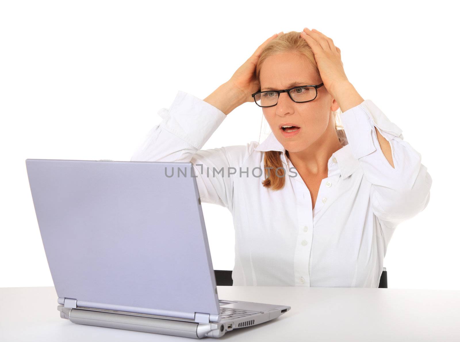 Woman got a problem with her notebook computer. All on white background.