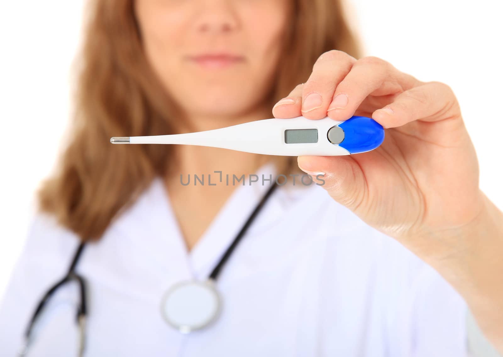 Competent female doctor. Selective focus on clinical thermometer in foreground. All on white background.