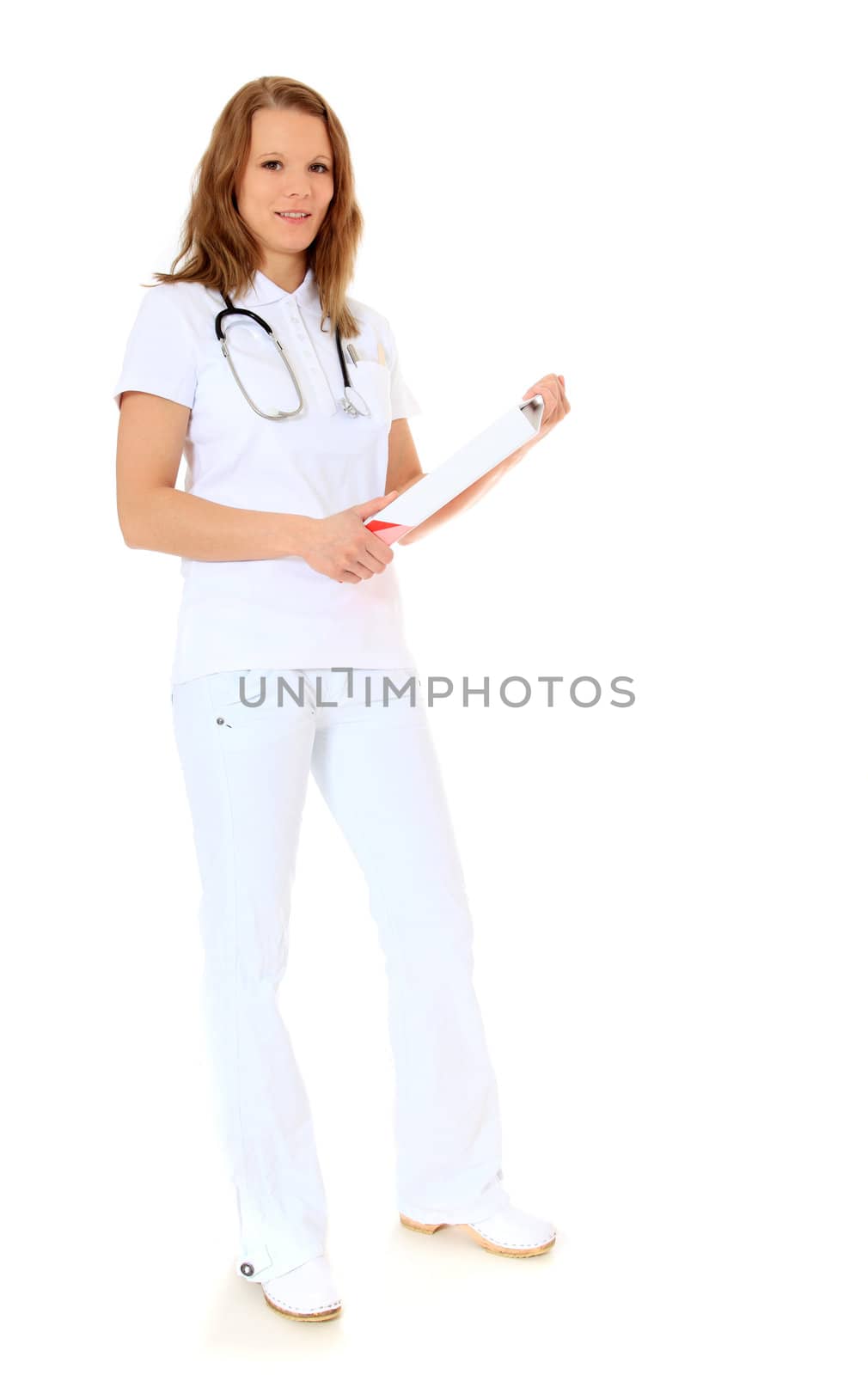 Competent female doctor. All on white background.