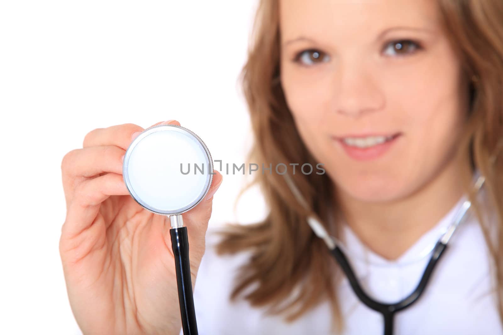 Competent female doctor. All on white background.