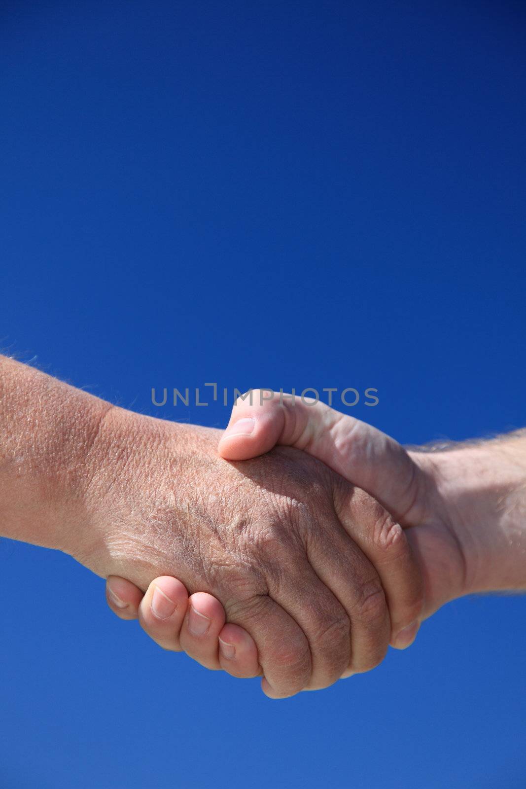 Two persons shaking hands in front of bright blue sky.