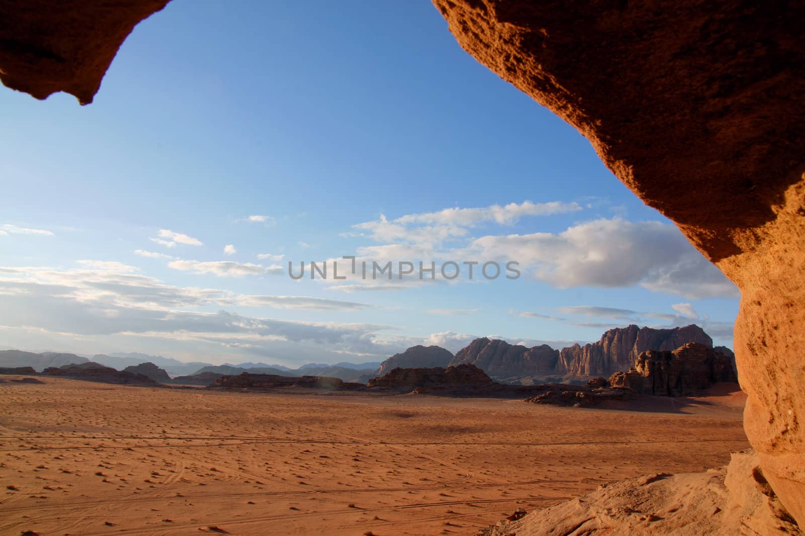 Landscape through a hole in the rock, Wadi Rum desert, Jordan