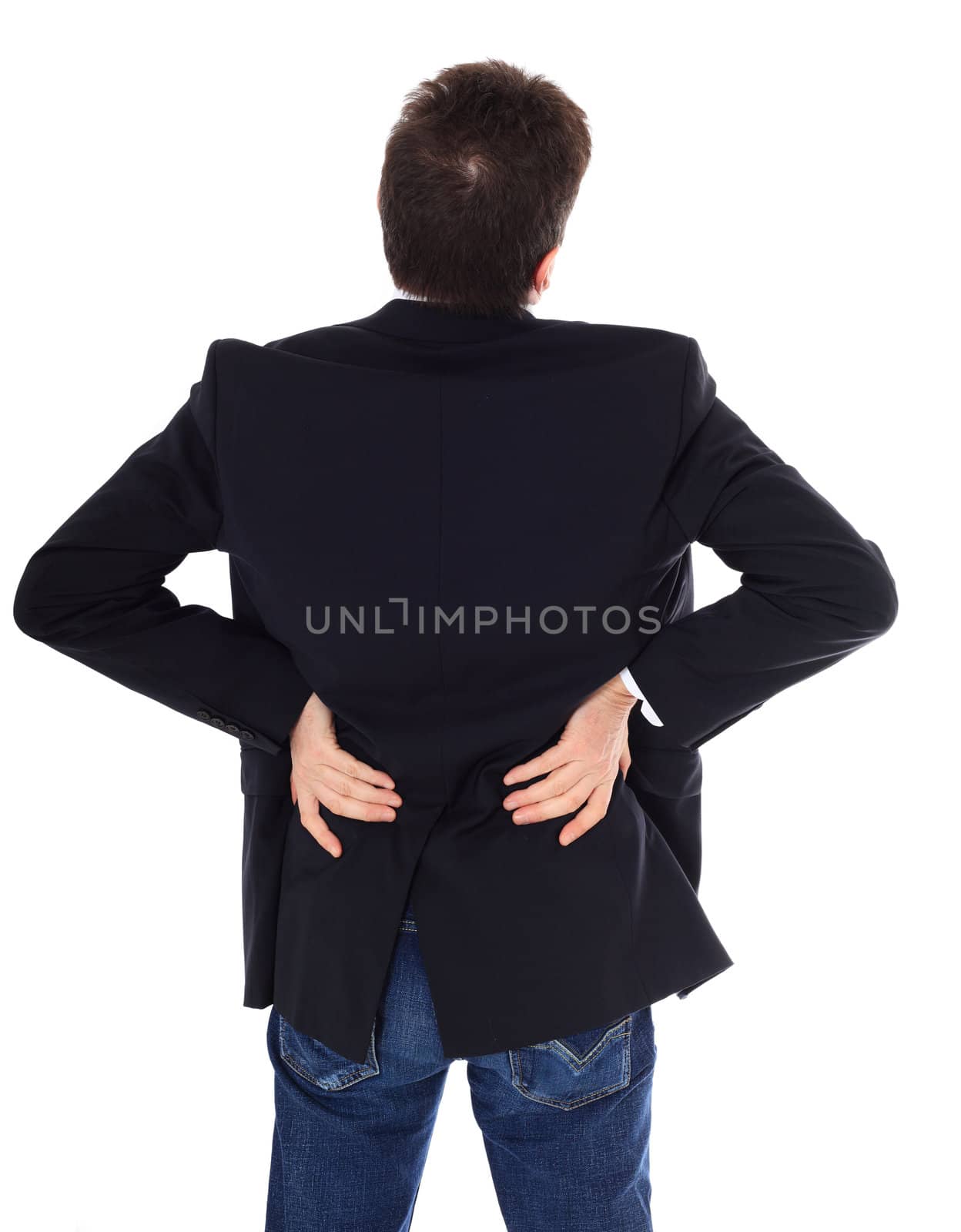 Middle-aged man suffering from back pain. All on white background.