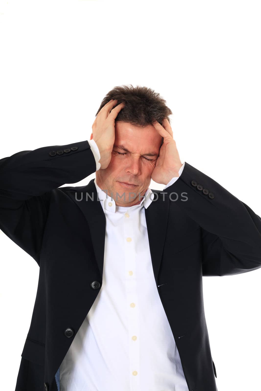 Attractive middle-aged man suffering from headache. All on white background.