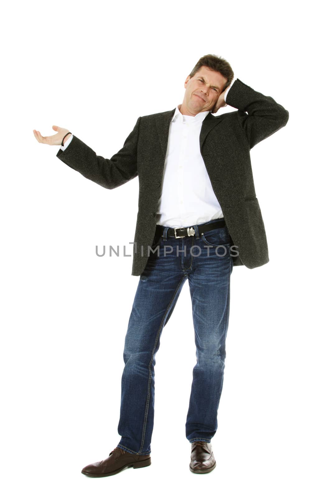 Attractive middle-aged man pointing to the side. All on white background.