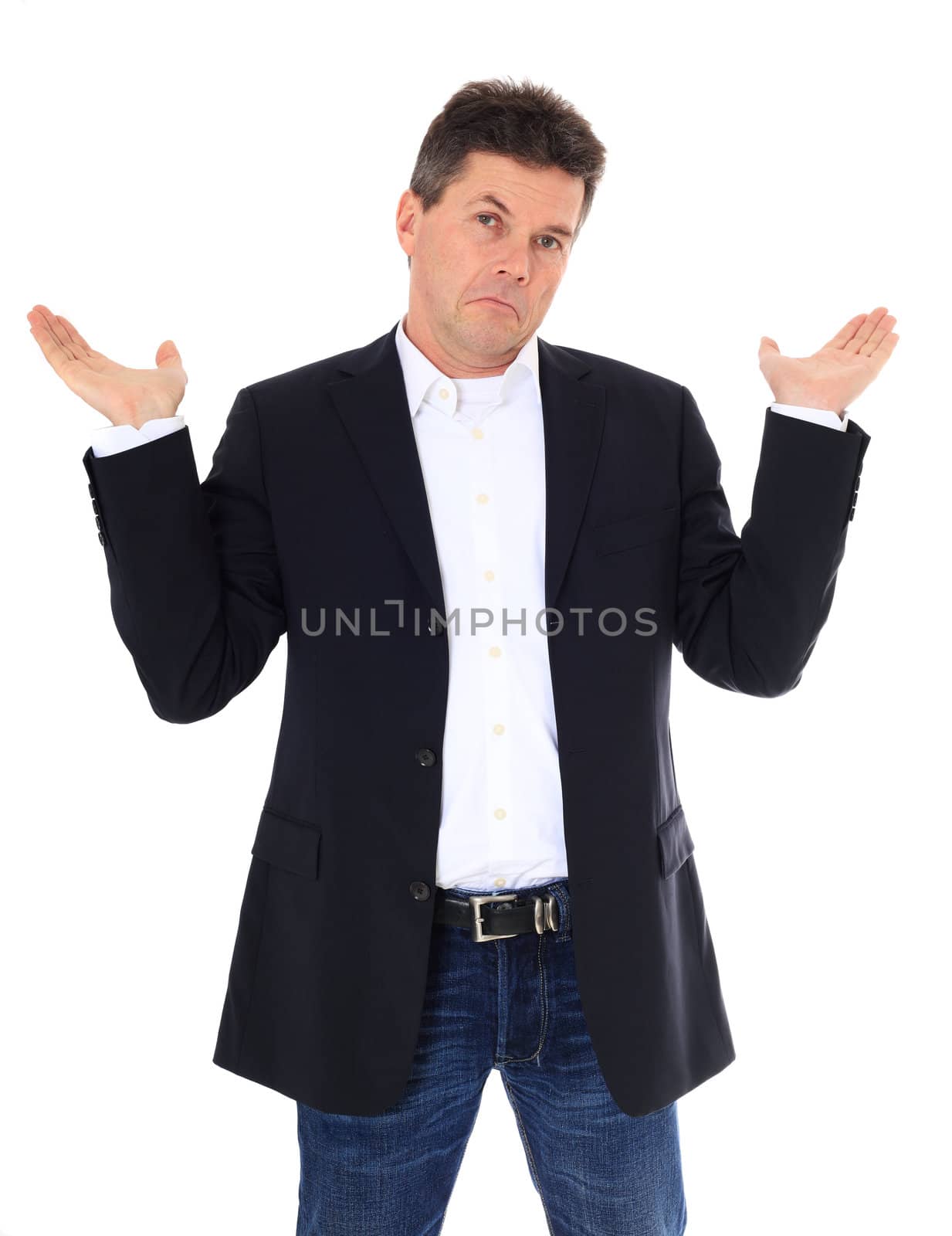 Clueless middle-aged man. All on white background.
