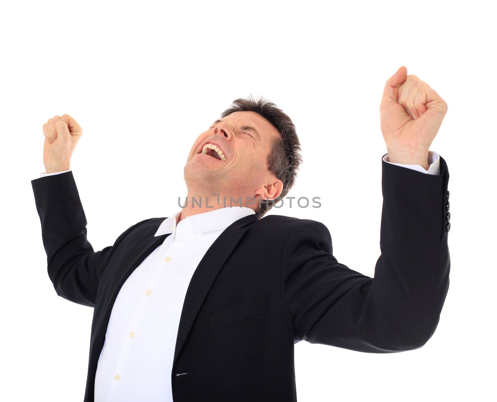 Cheering middle-aged man. All on white background.