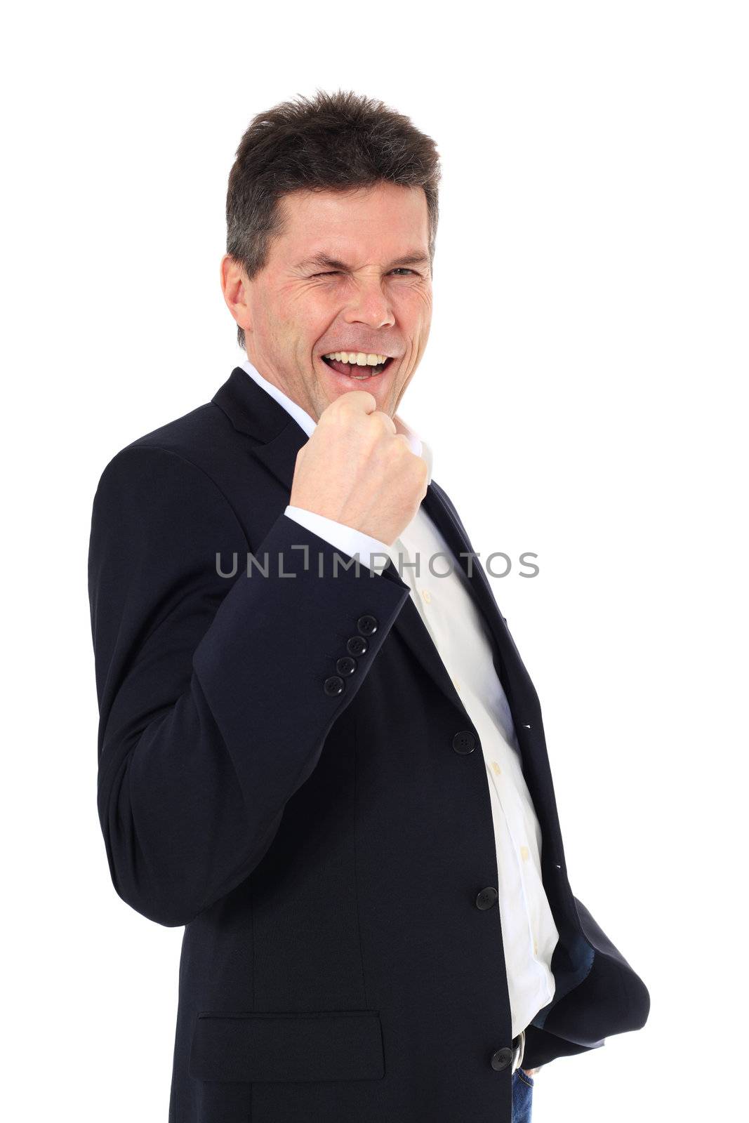 Cheering middle-aged man. All on white background.