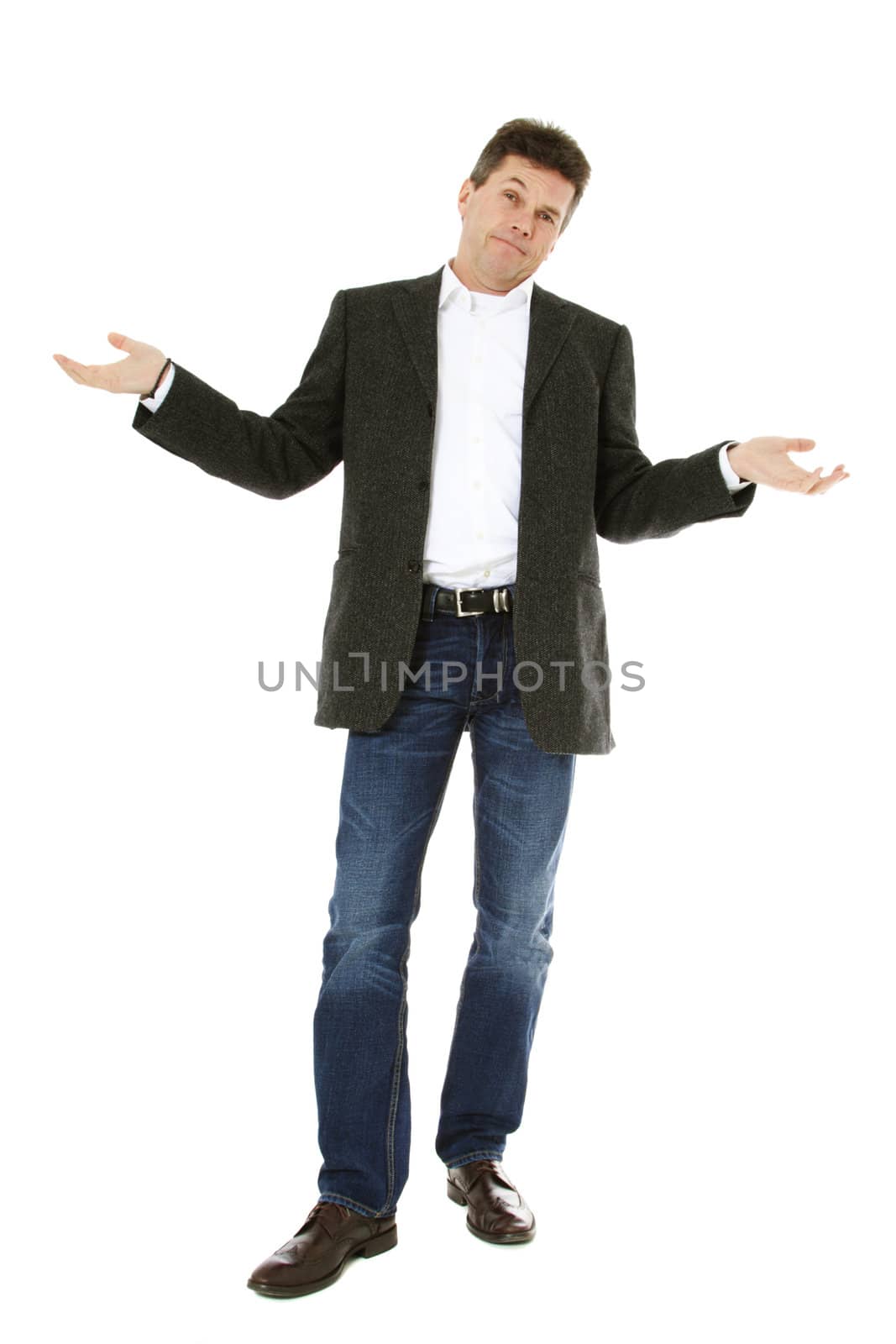 Baffled middle-aged man. All on white background.