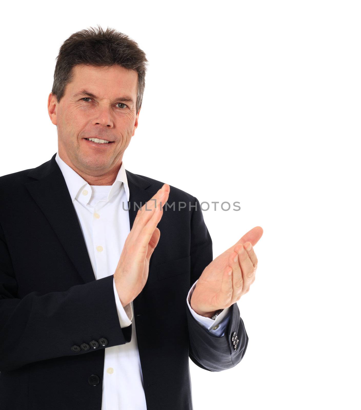Attractive middle-aged man applauding. All on white background.