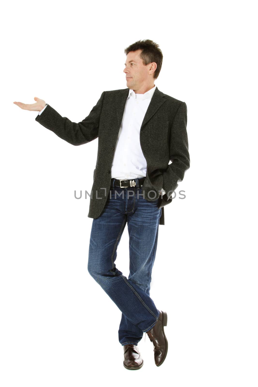 Attractive middle-aged man pointing to the side. All on white background.