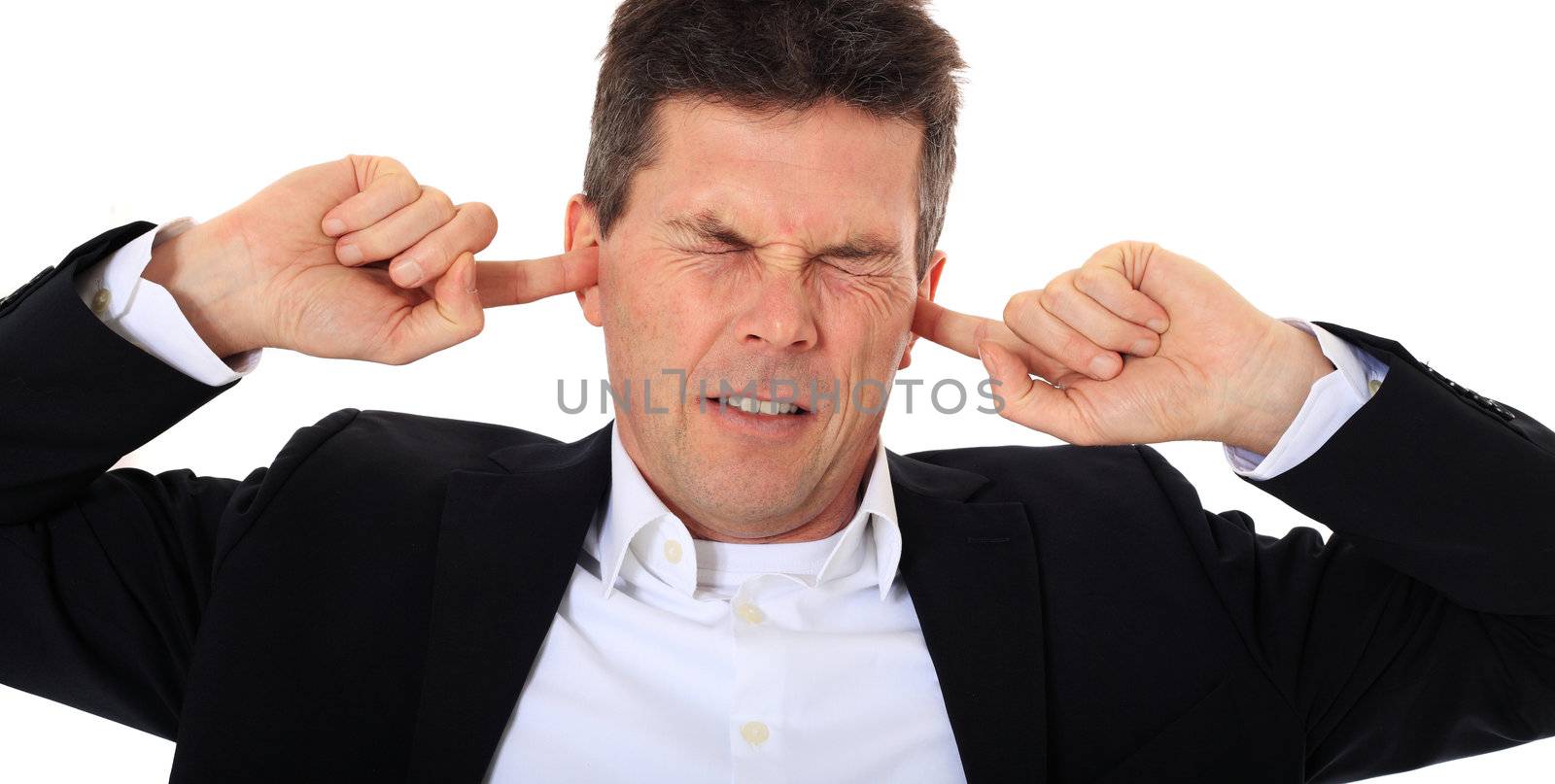 Attractive middle-aged man suffering from tinnitus. All on white background.