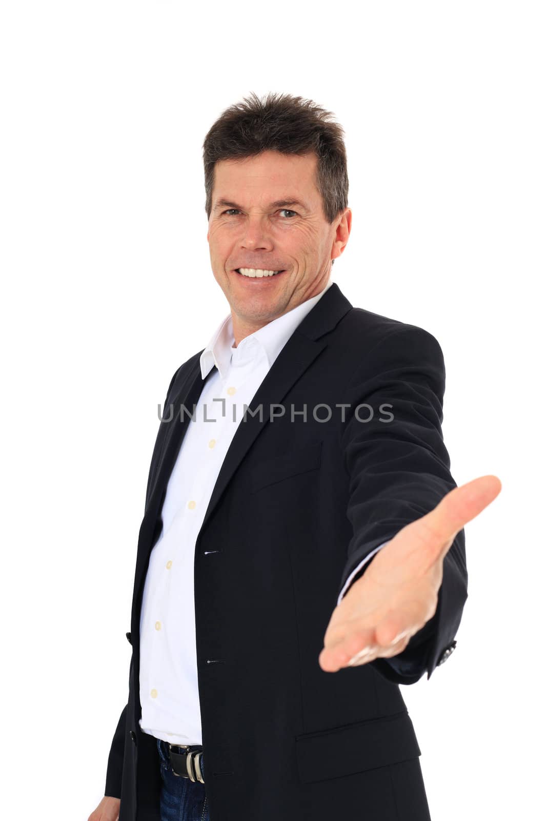Attractive middle-aged man giving a helping hand. All on white background.
