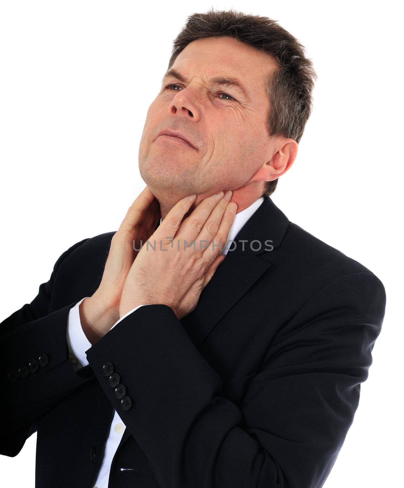 Attractive middle-aged man suffering from sore throat. All on white background.