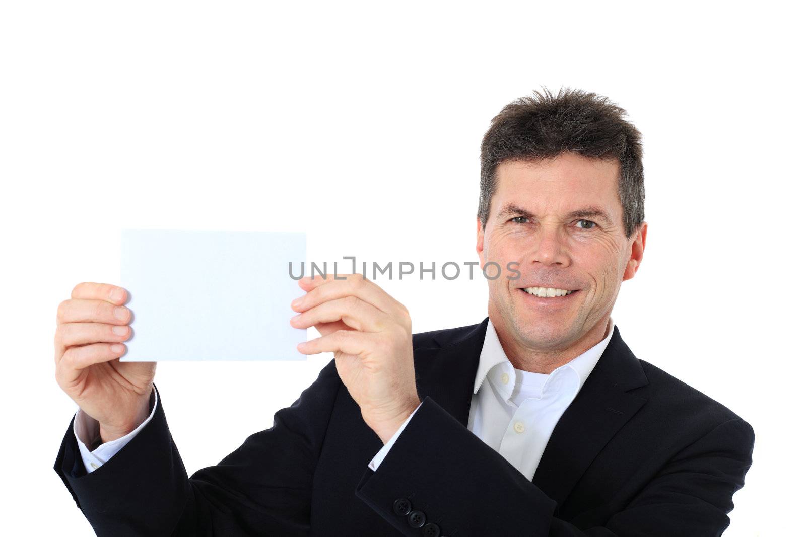 Attractive middle-aged man holding business card. All on white background.