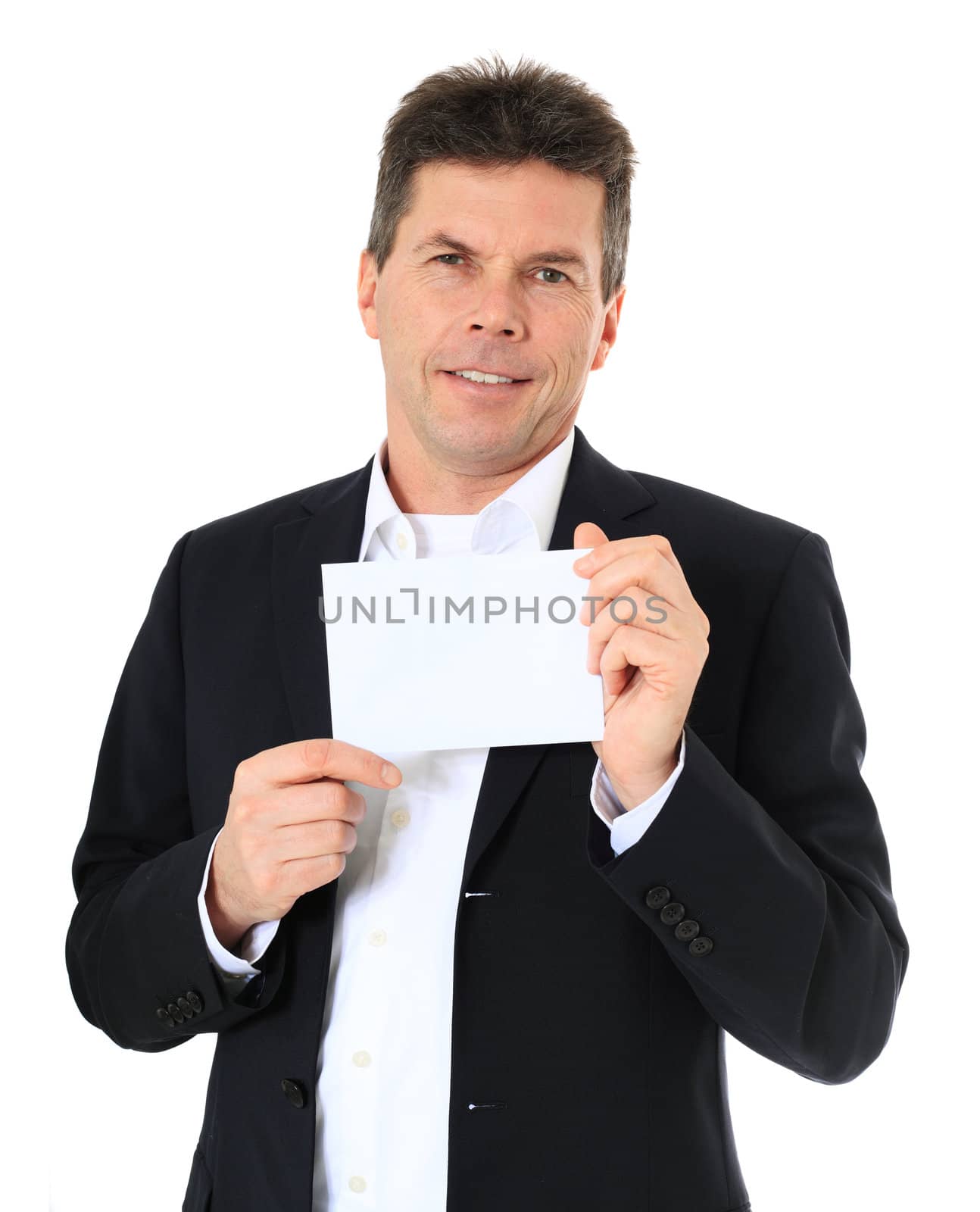 Attractive middle-aged man holding business card. All on white background.