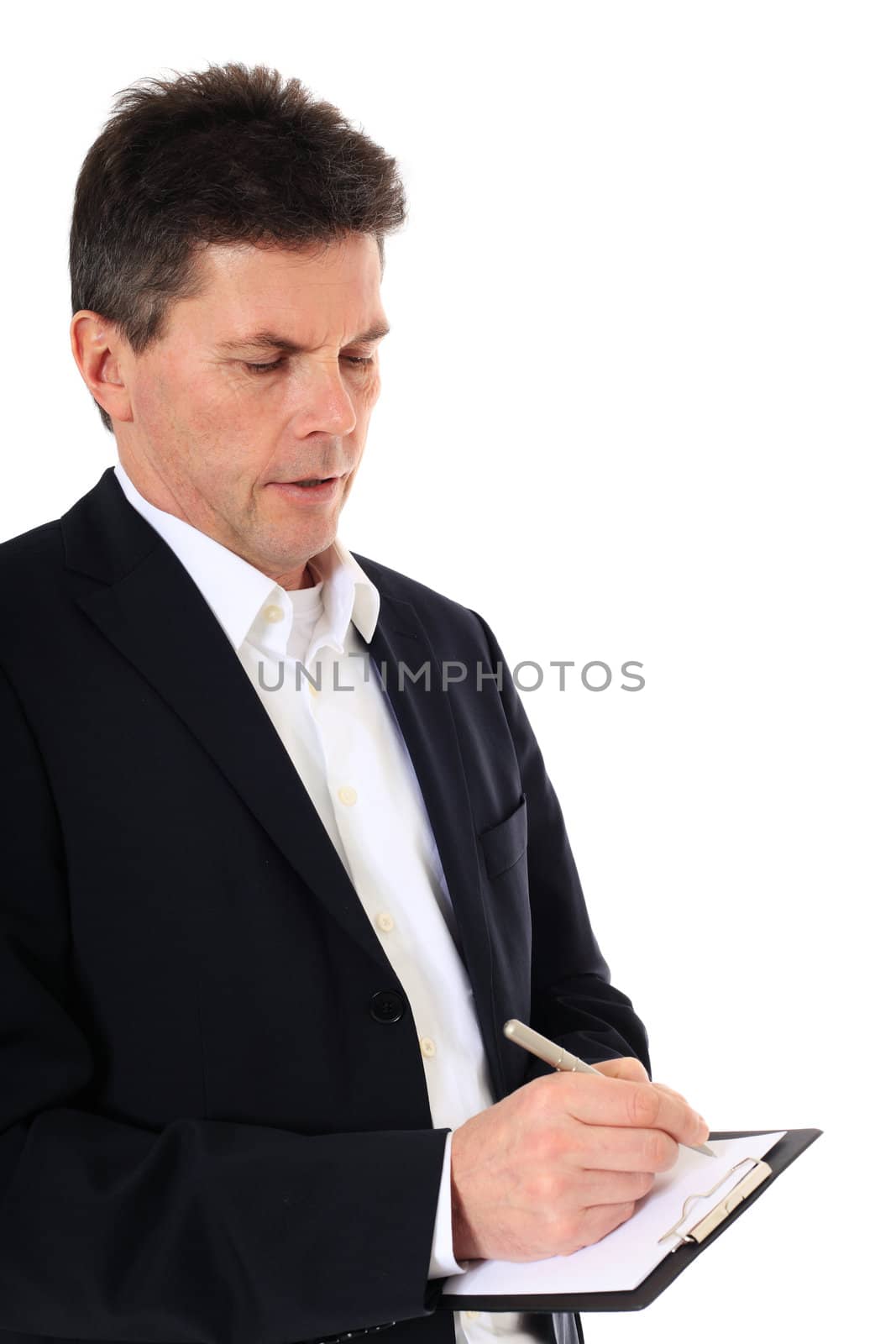 Attractive middle-aged man doing a survey. All on white background.