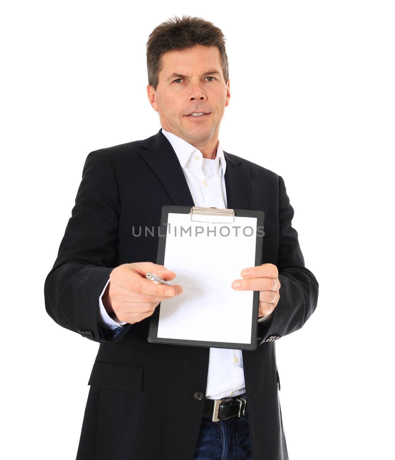 Attractive middle aged man asks for a signature. All isolated on white background.