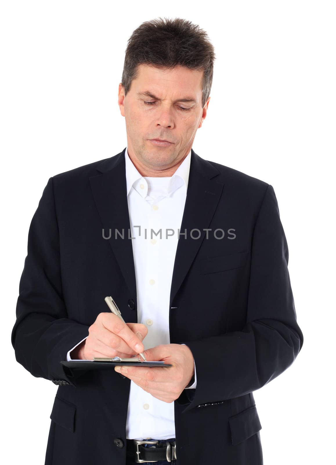 Attractive middle-aged man writing on clipboard. All on white background.