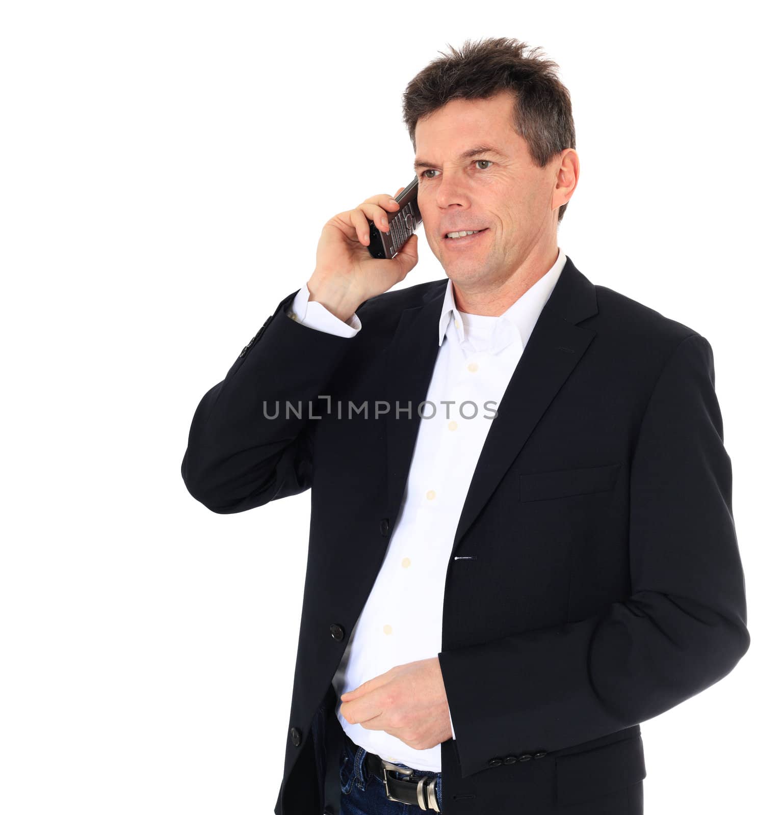 Attractive middle-aged man making a phone call. All on white background.