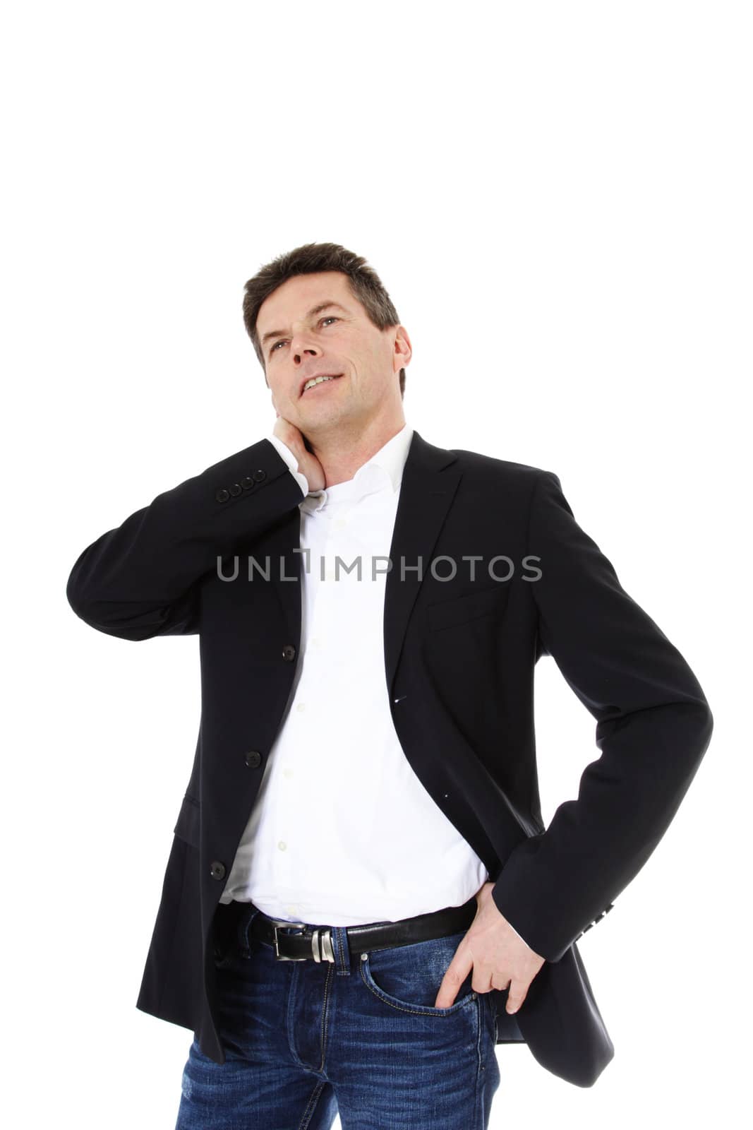 Attractive middle-aged man suffering from neck pain. All on white background