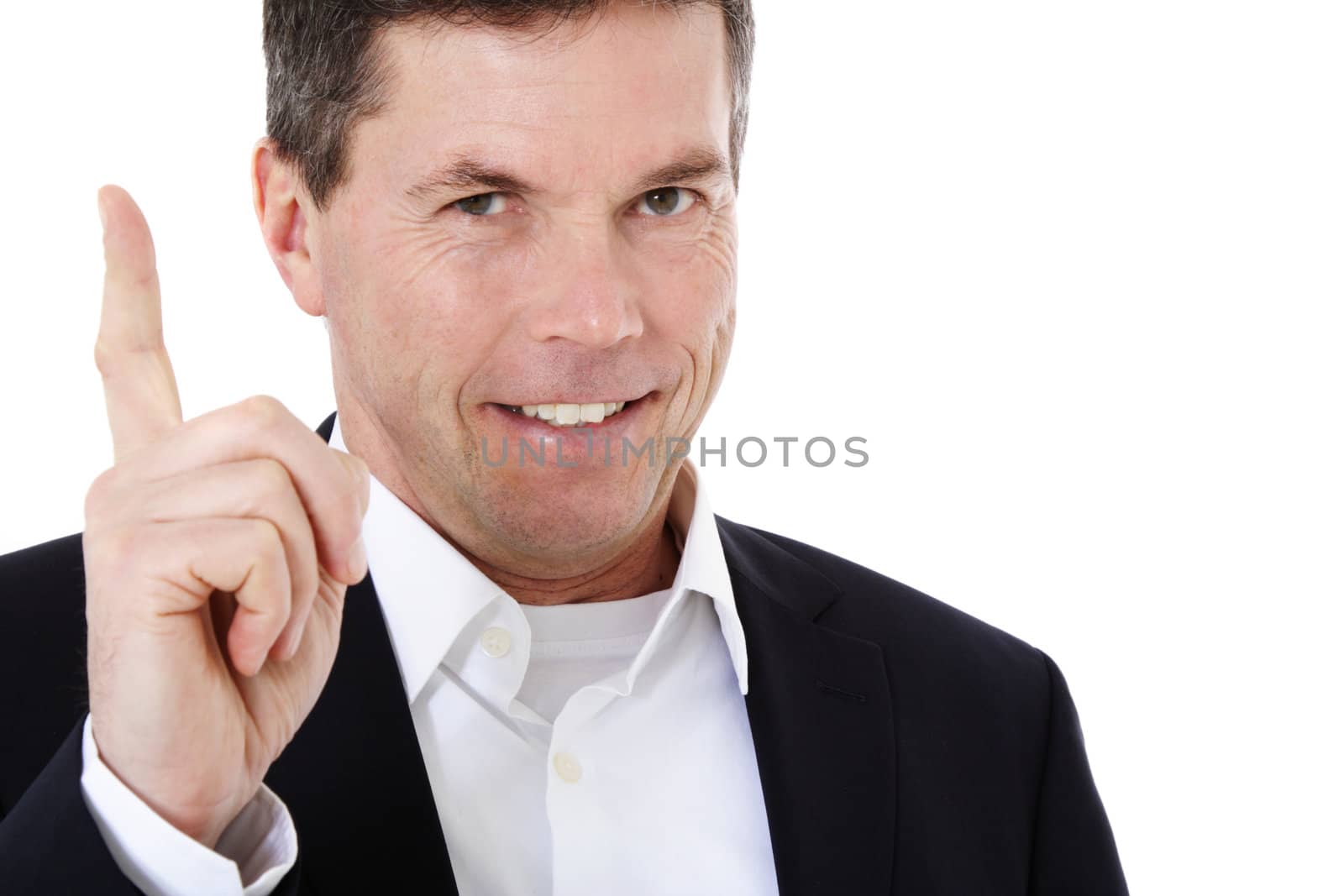 Attractive middle-aged man lifting his finger. All on white background.