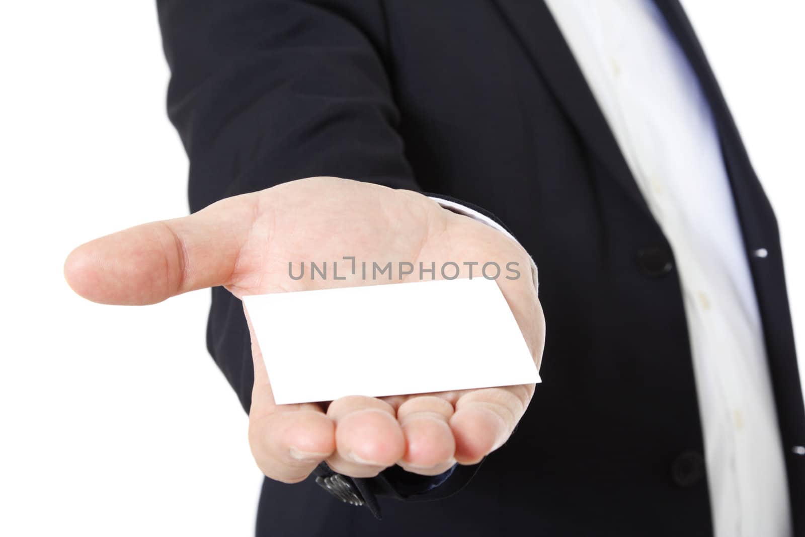 Attractive middle-aged man holding business card. All on white background.