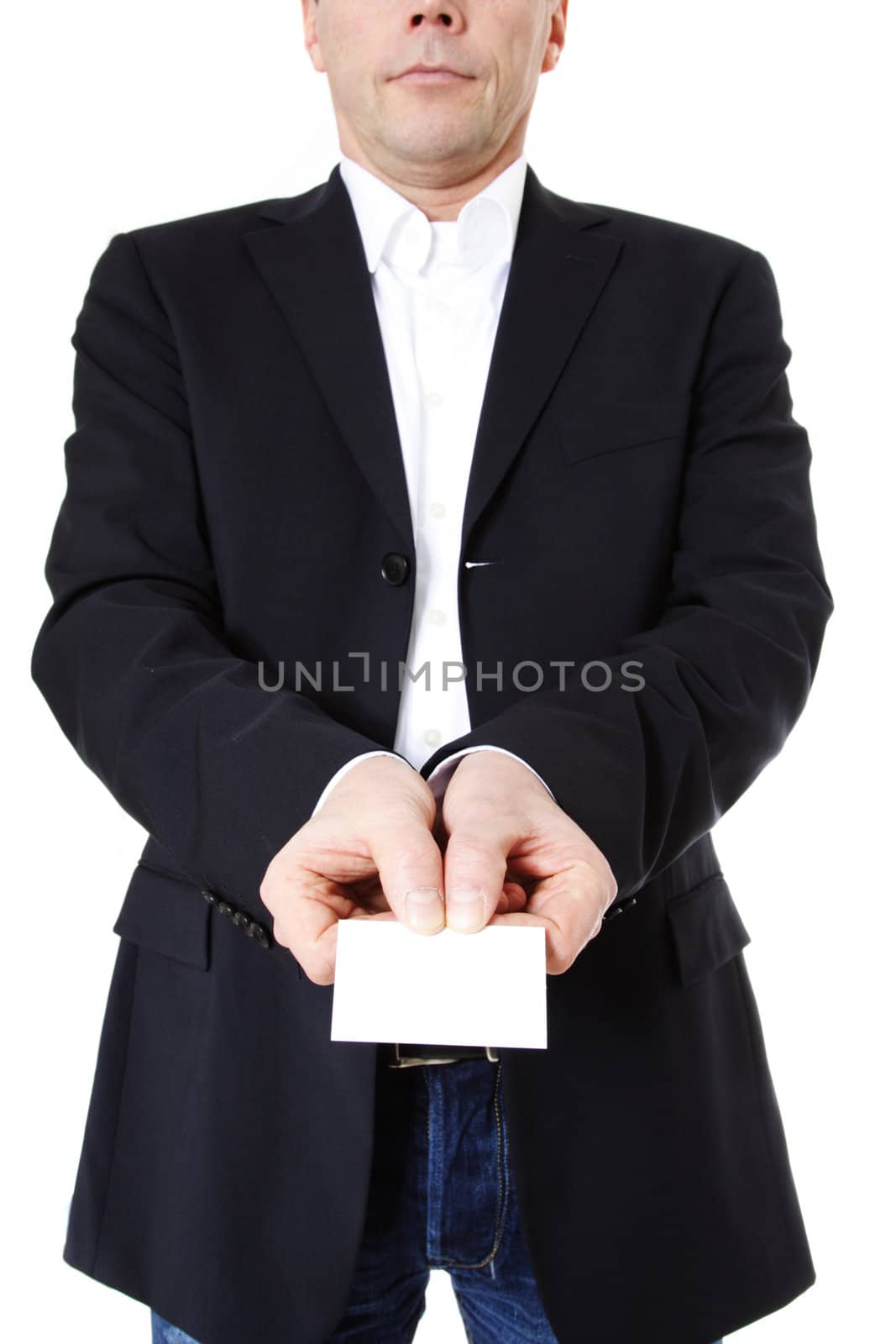 Attractive middle-aged man holding business card. All on white background.