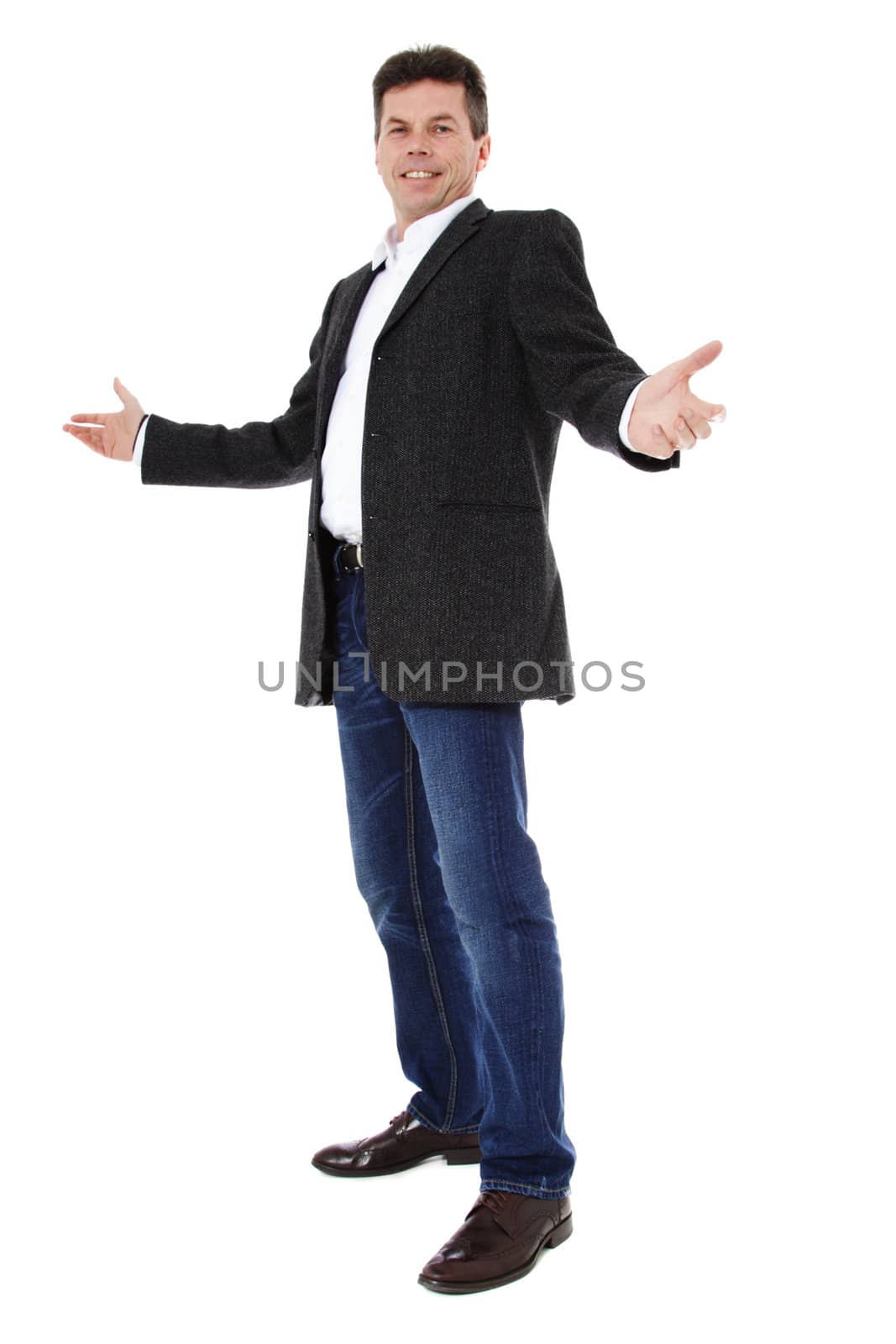 Attractive middle-aged man making a welcoming. All on white background.