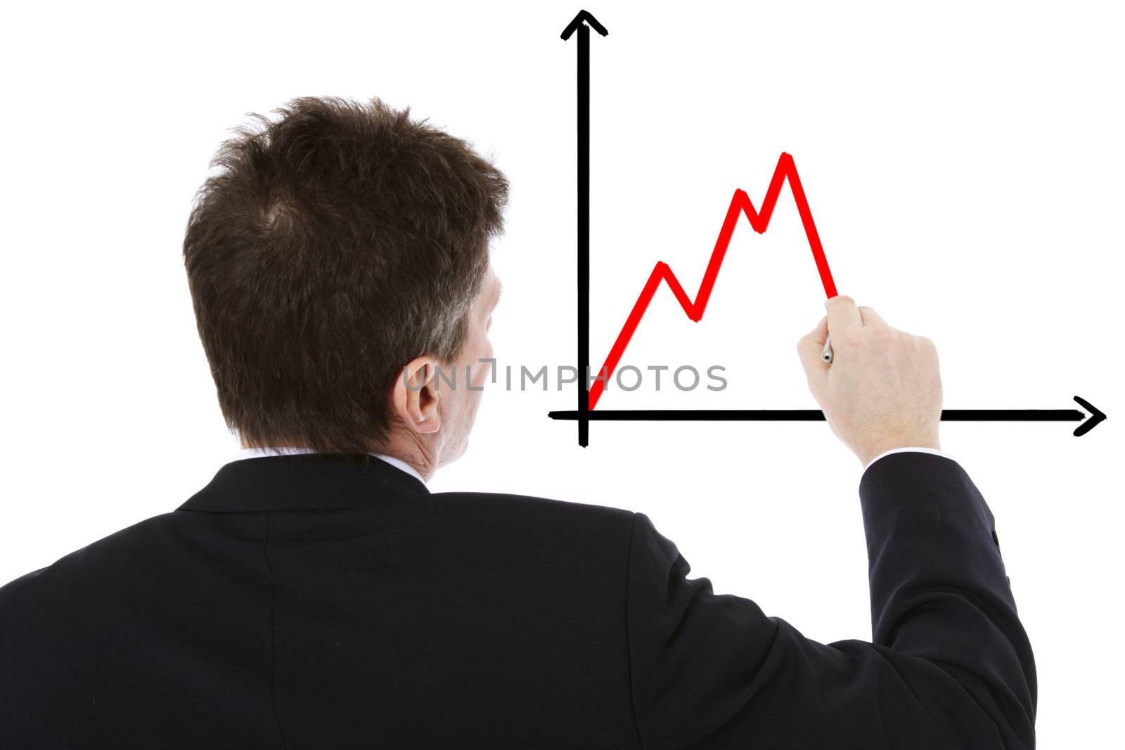 Back view of an businessman presenting a negative chart. All isolated on white background.