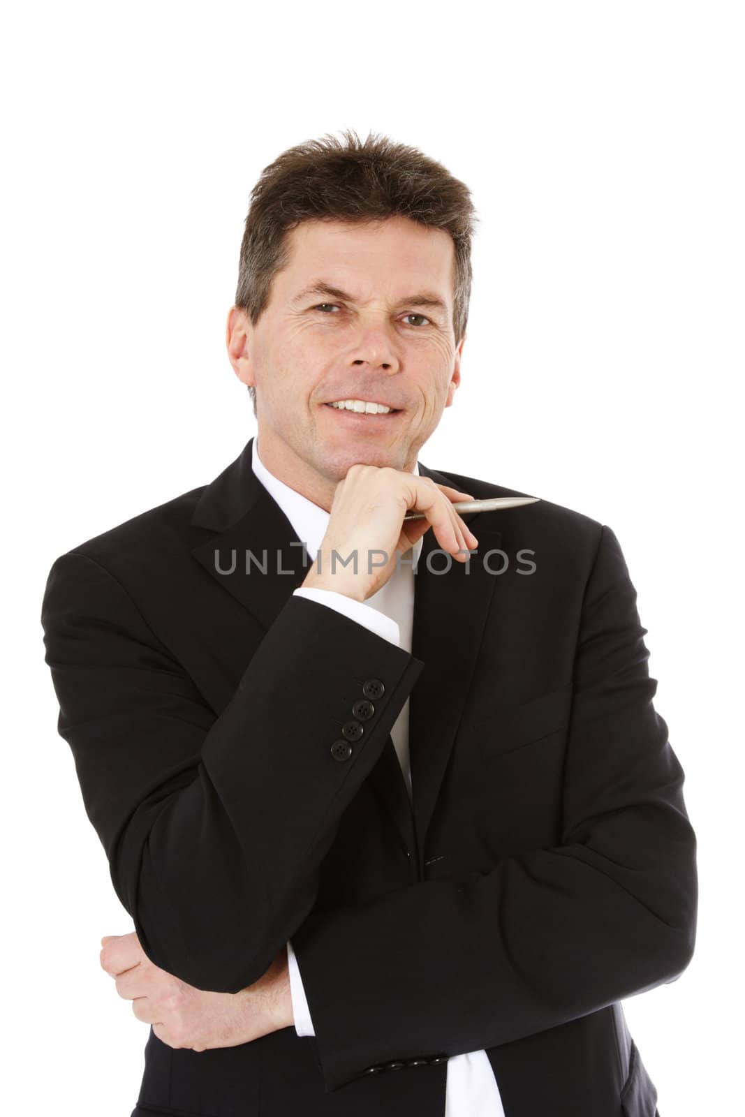 Attractive middle-aged man deliberates a decision. All on white background.