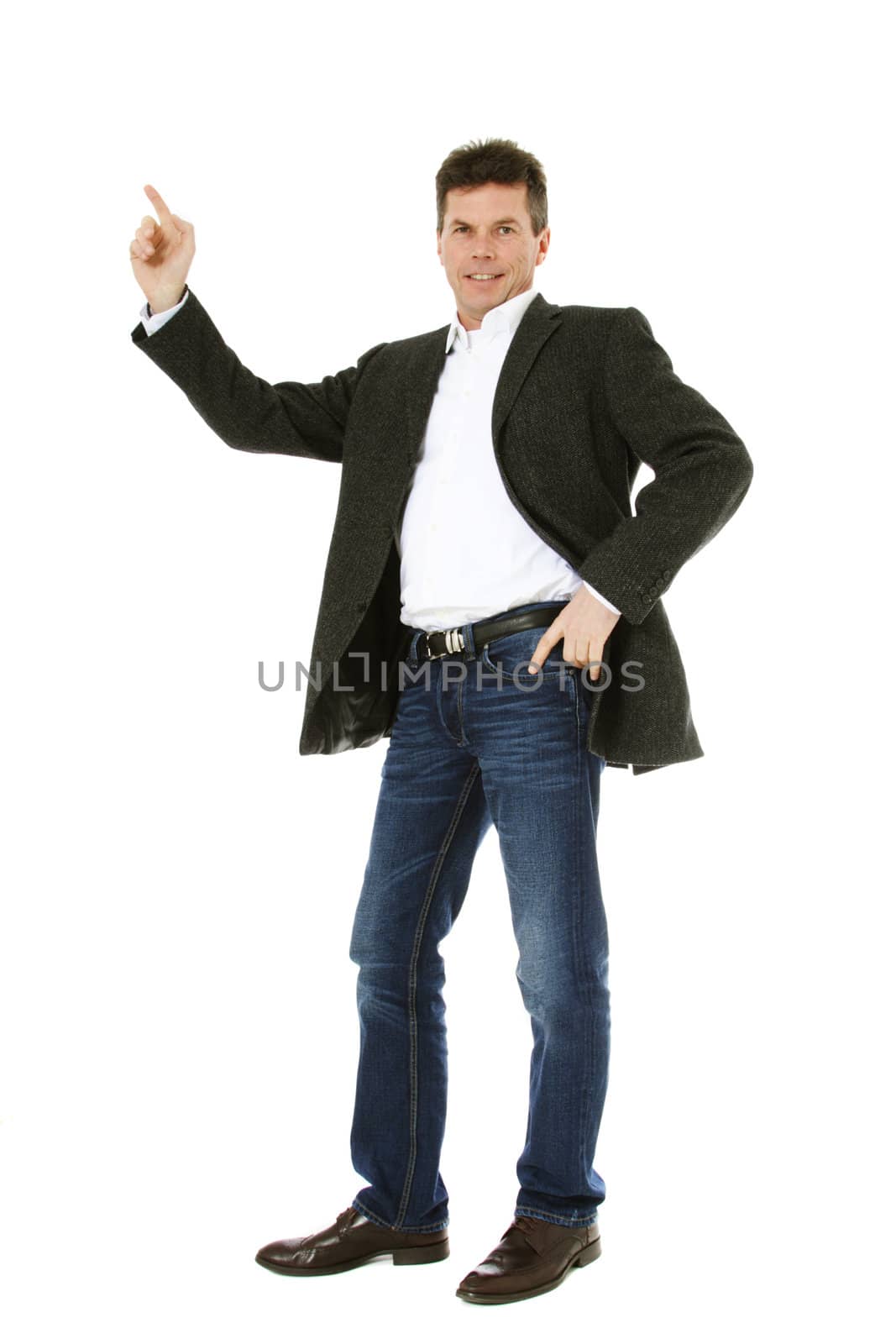 Attractive middle-aged man pointing to the side. All on white background.