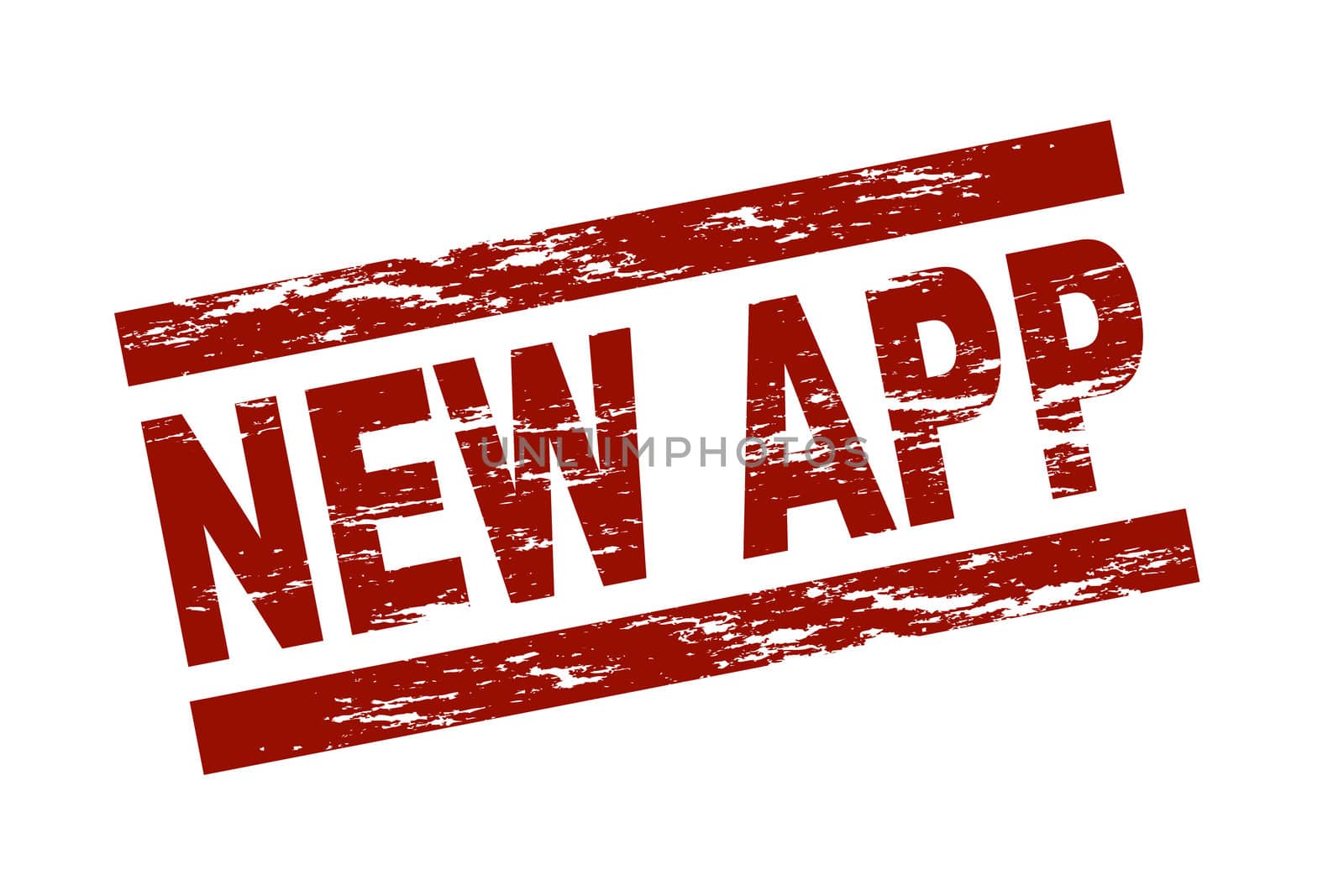Stylized red stamp showing the term new app. All on white background.