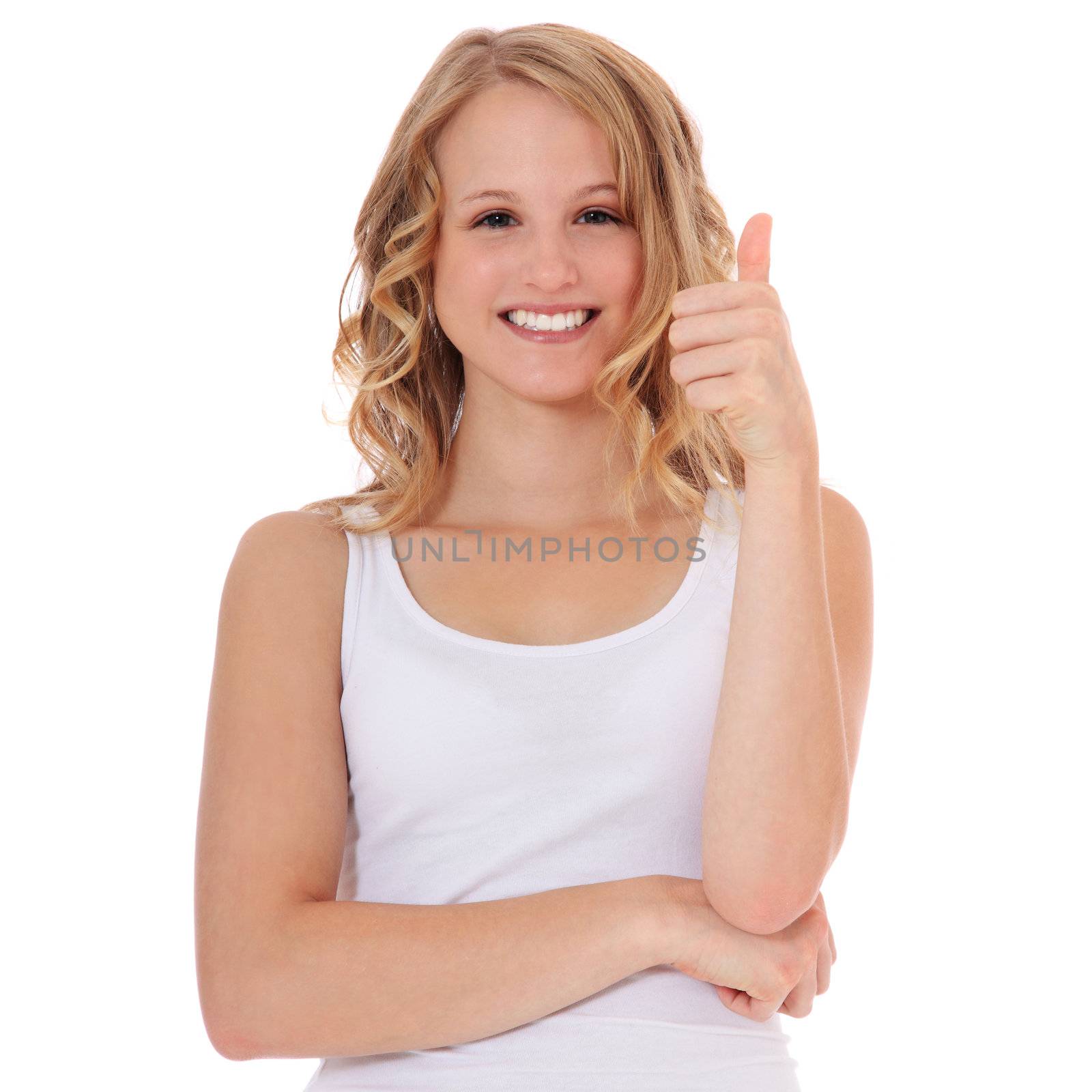 Woman showing thumb up. All on white background.