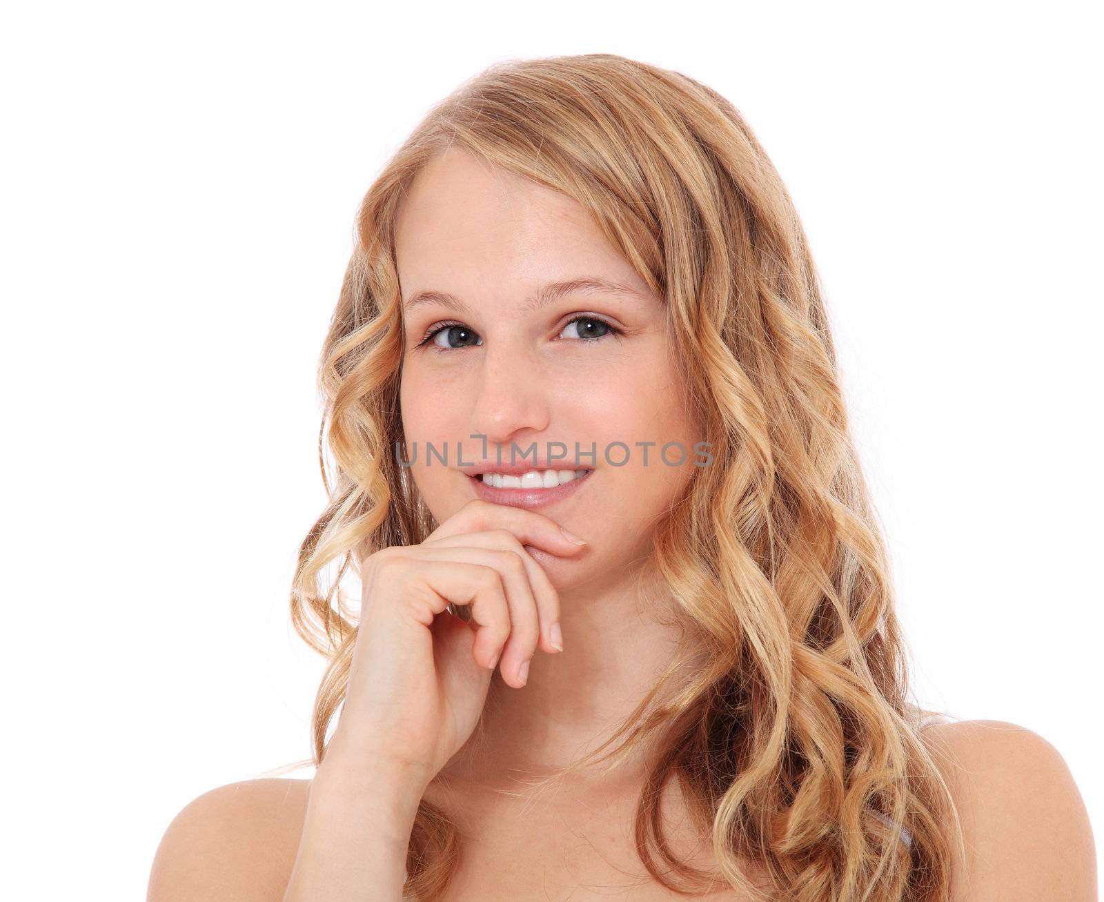 Woman deliberates a decision. All on white background.