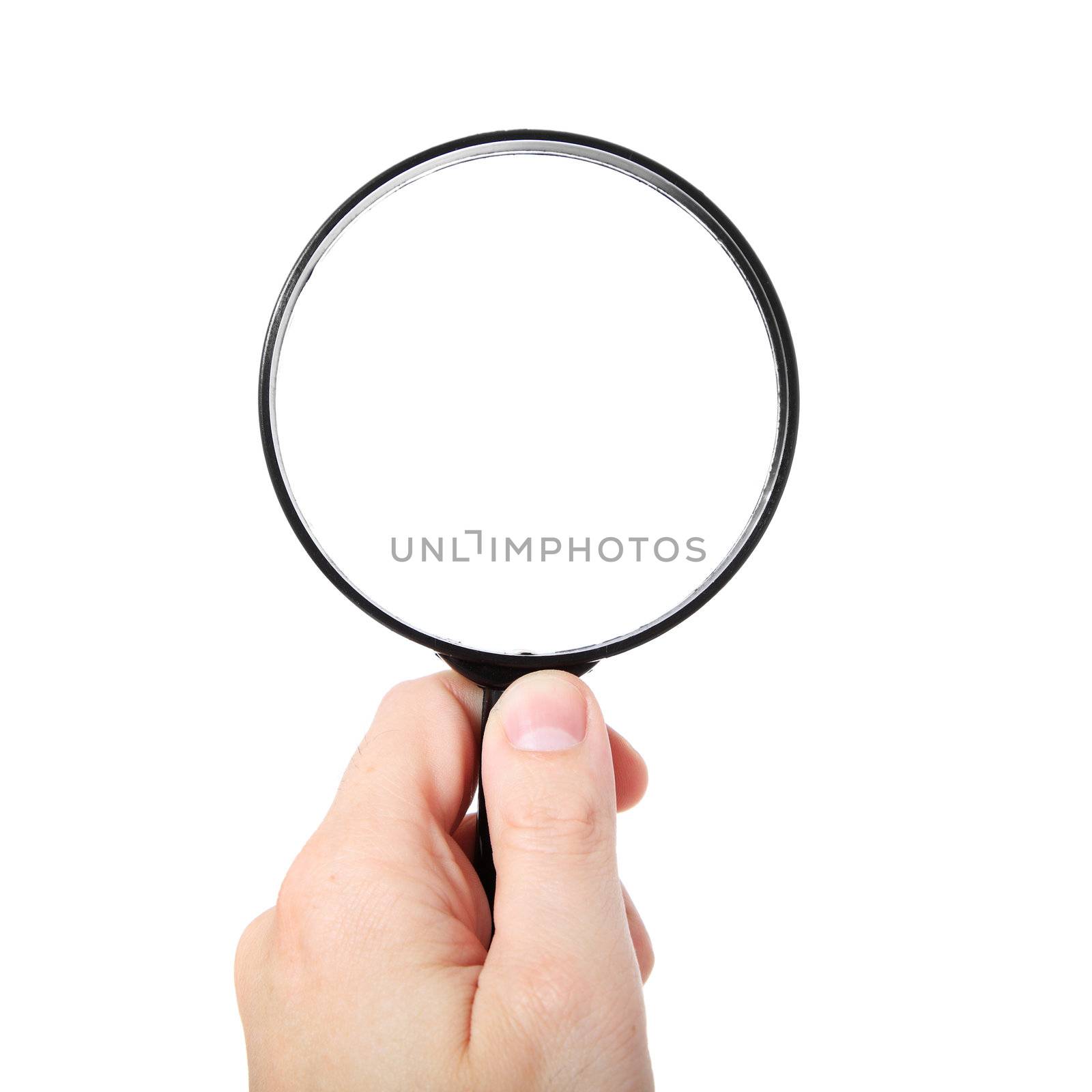 Human hand holds magnifier. All isolated on white background.