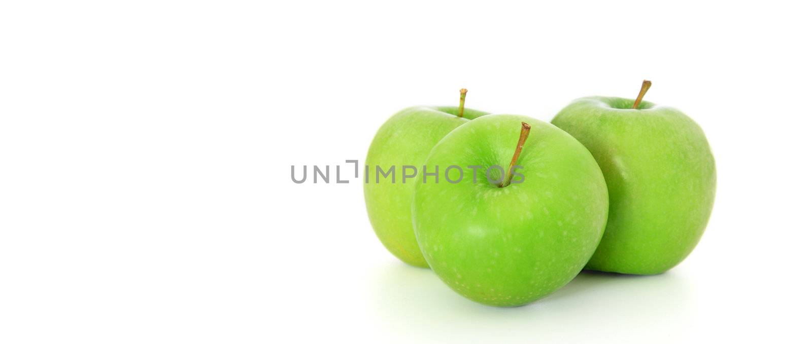Green apples on white background. Extra text space on the left.