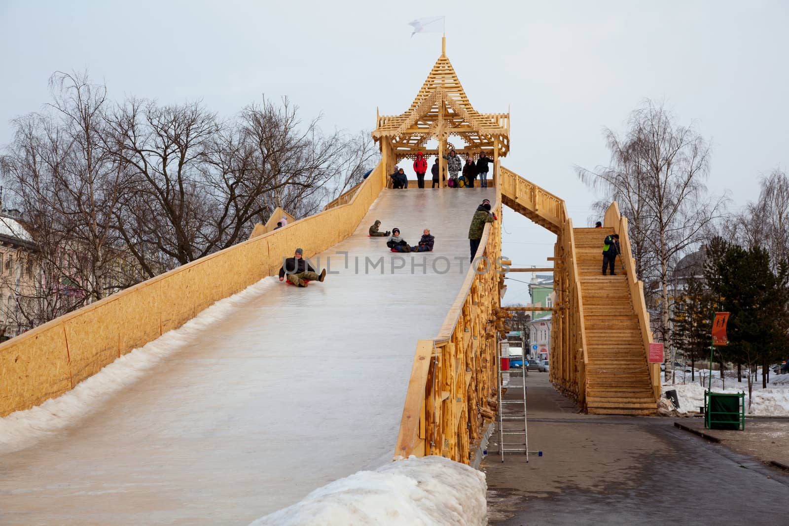 Construction-hill for skiing on ice. Winter. Russia. Vologda. Tradition. editorial