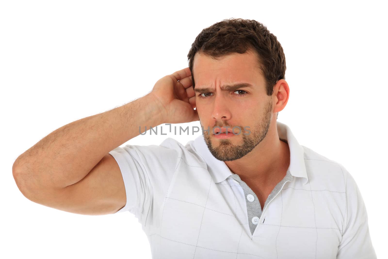 Young guy cant hear. All on white background.