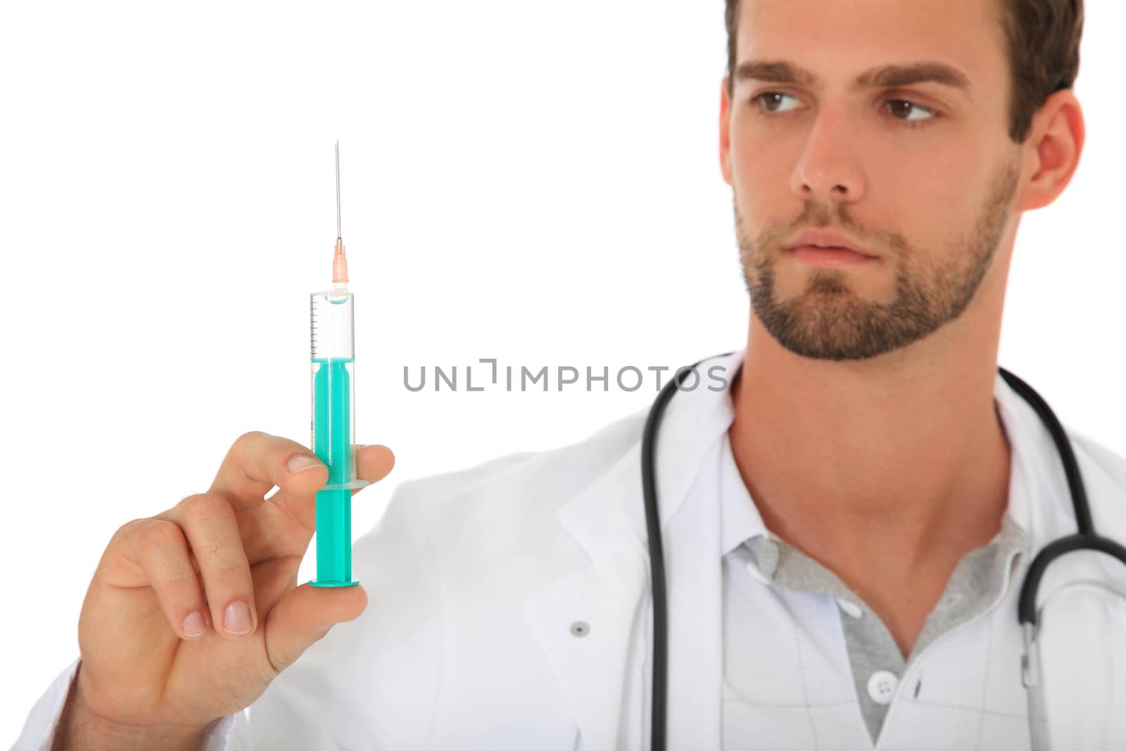 Doctor holding prepared injection. All on white background.