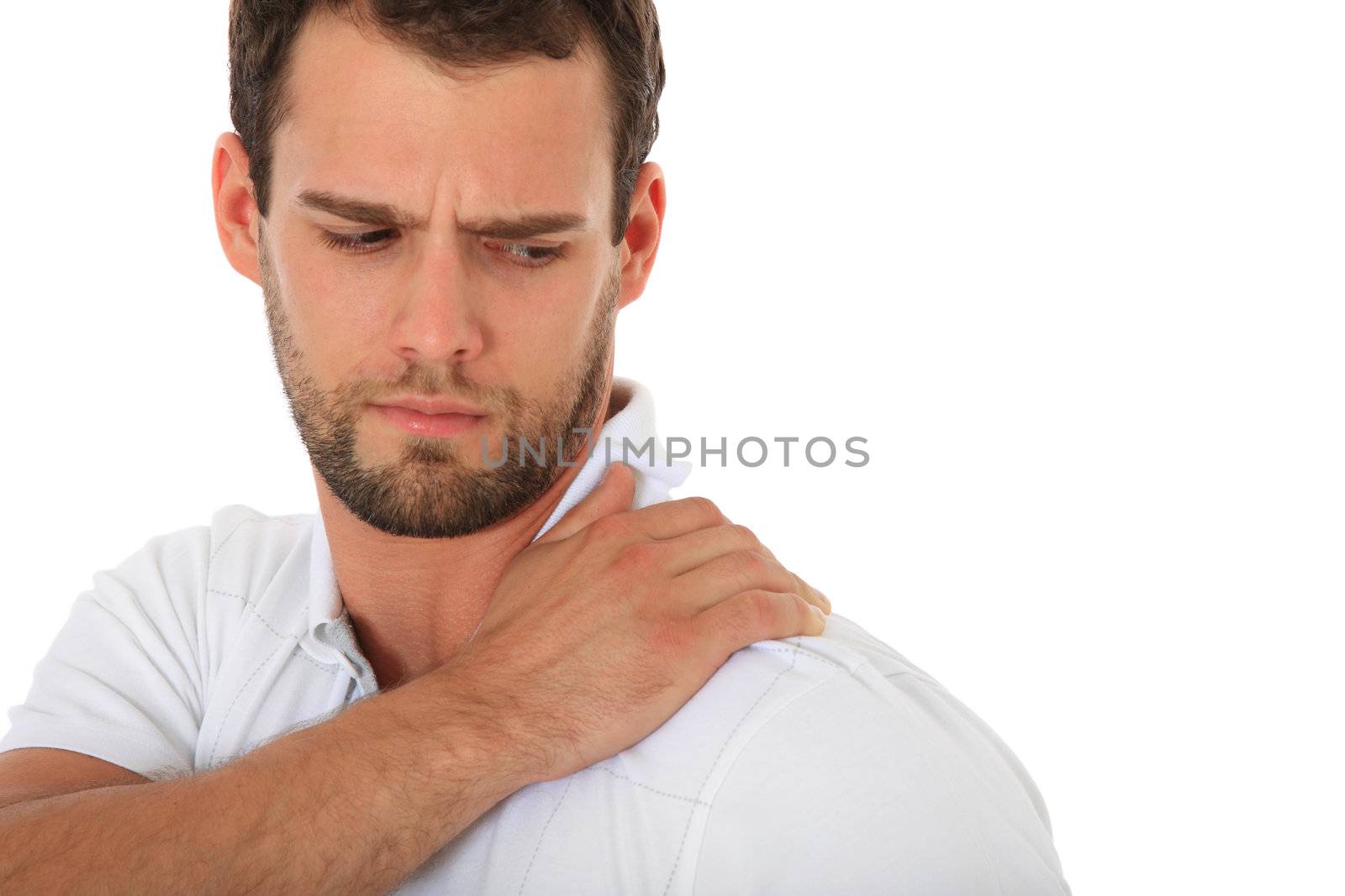 Young guy got muscles tension. All on white background.