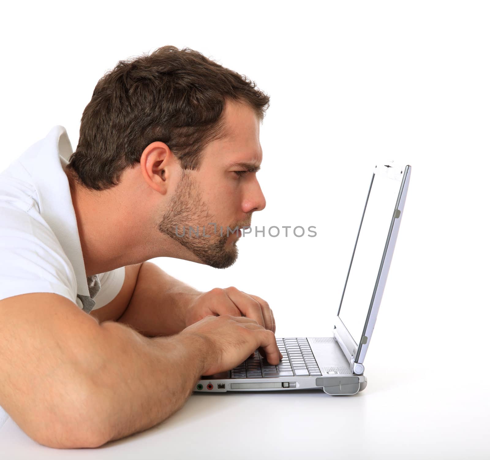 Young man got a problem with his laptop. All on white background.