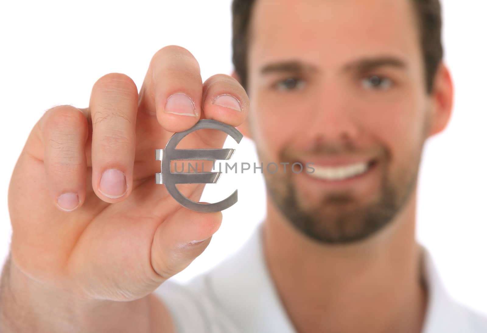 Portrait of a young man holding a Euro symbol. Selective focus on Euro symbol in foreground. All on white background.