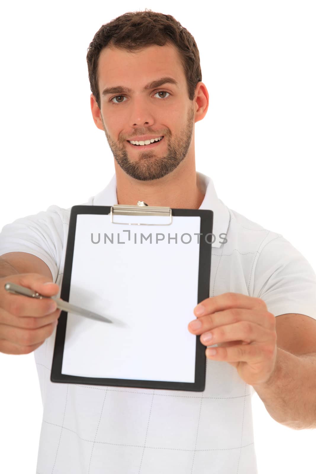 Portrait of a young man pointing on clipboard. All on white background.