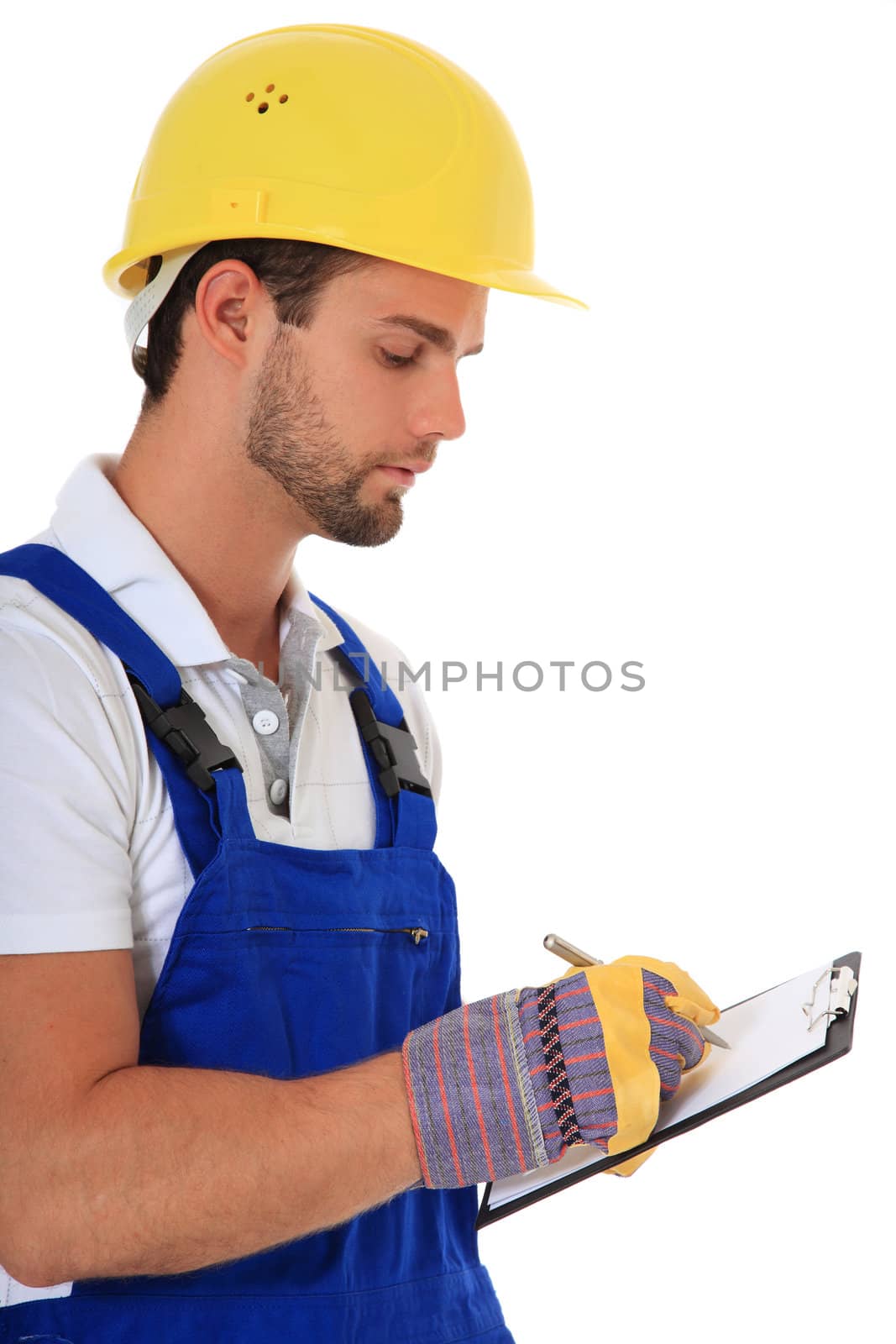 Construction worker writing on clipboard. All on white background.